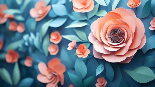 Coral paper roses spiral over cool blue layered foliage.