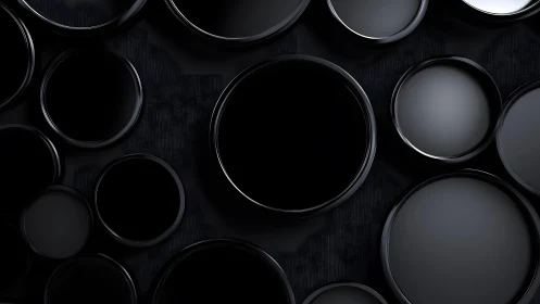 Glossy Black Circular Shapes on Dark Abstract Background.