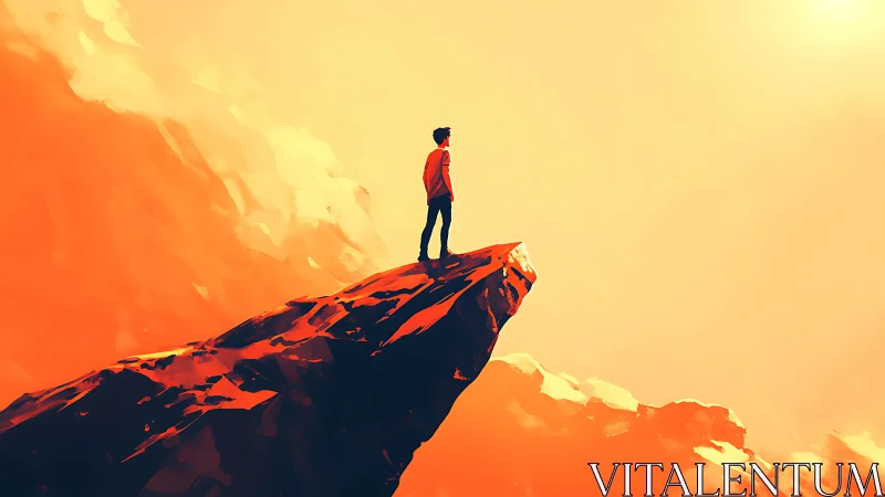 Solitary figure stands on sunlit cliff in blazing sky.