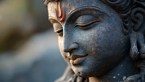 Close-up stone sculpture of serene Hindu deity face.