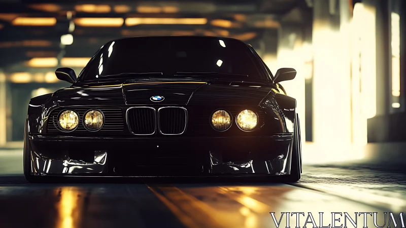 Front view of black BMW sedan in illuminated parking garage.