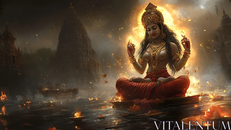 Golden river goddess in a storm of floating temple lanterns.