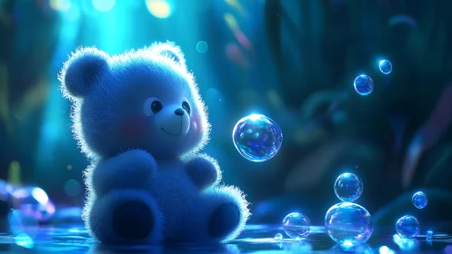 3D plush teddy bear in luminous bubble-lit dreamscape scene.