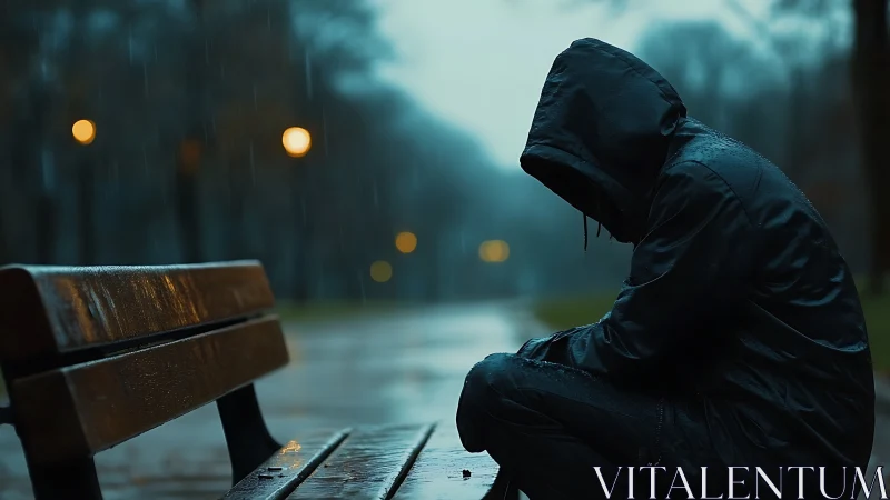 Hooded figure on wet park bench in moody nocturnal rain.