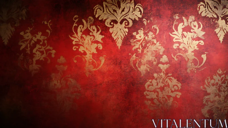 Baroque damask stencil over distressed crimson pigment field.