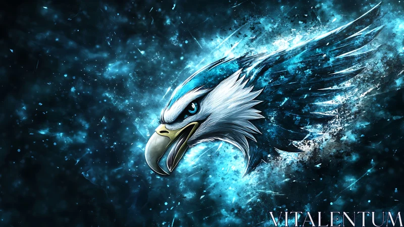 Blue-toned stylized eagle head with dynamic abstract wings.