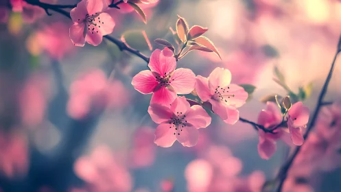 Pink blossoms on branches with soft bokeh background