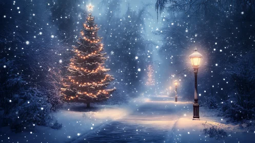 Snow-covered park path with lit tree and lampposts at night.