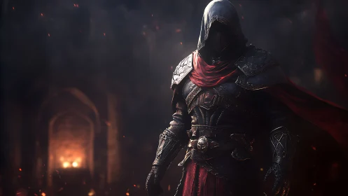 Hooded dark assassin in ember lit gothic corridor environment.