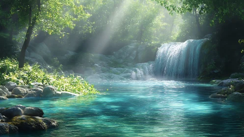 Sunlit forest waterfall pours into clear turquoise pool