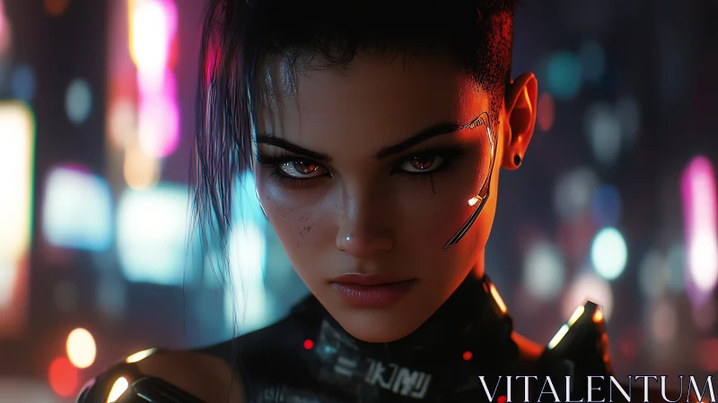 Cyberpunk woman with facial implants stares through neon haze