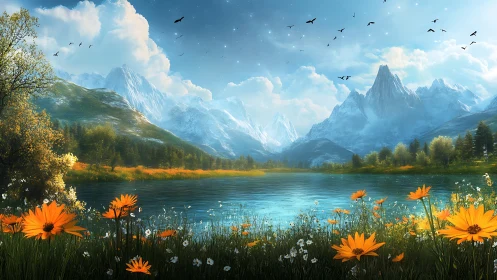 Sunlit daisies gossip beside crystal lake and snow peaks