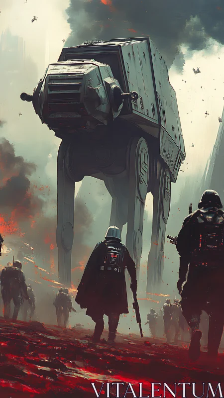 Marching walkers stride through a moody, storm filled sky.