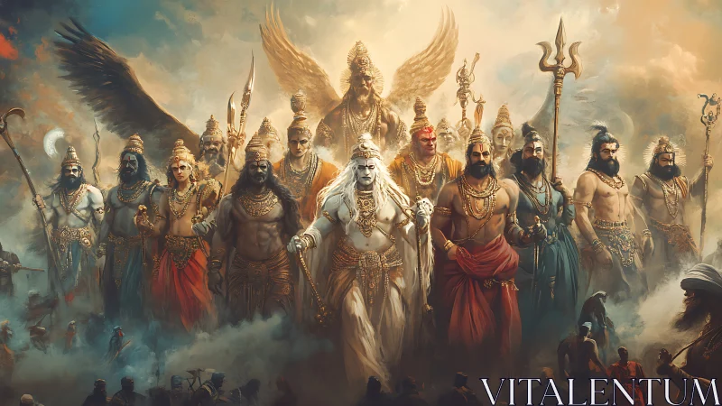 Mythic war gods stride through stormlit celestial smoke.