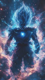 Blue-haired energy warrior stands in glowing cosmic aura