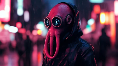 Neon rainwalker with squid mask haunting cyberpunk streets.