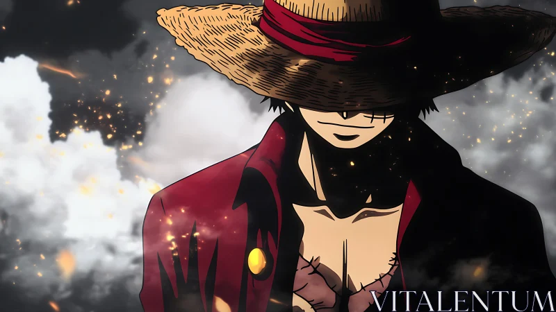 Straw-hatted anime swordsman amid embers and stormfront.