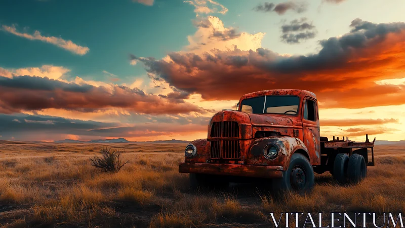 Rusting red truck stands abandoned under blazing prairie sunset