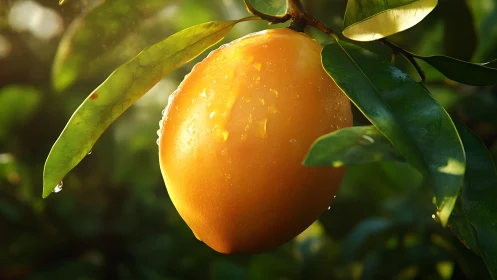 Sunlit mango jewel dripping with morning garden sweetness.