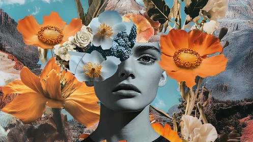 Monochrome female portrait merges with vivid floral landscape