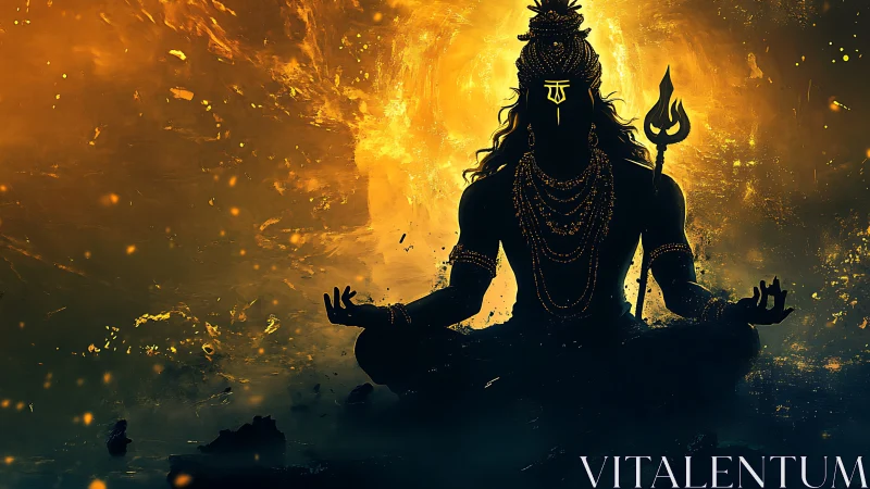 Meditating deity silhouette within blazing golden aura