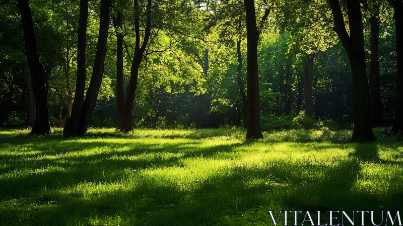 Sunlit Forest Clearing with Ancient Trees.