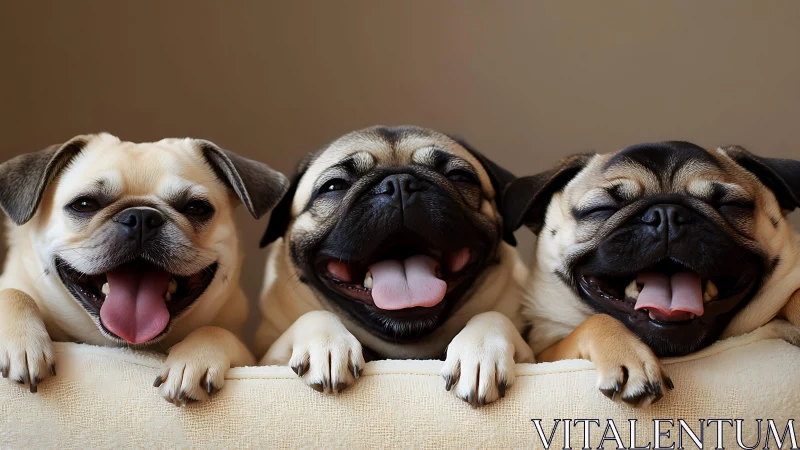 Joyful trio of playful pugs sharing big happy smiles.