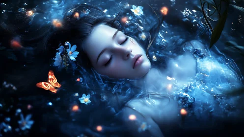 Woman submerged in blue water with glowing flora and fauna.