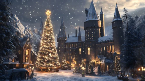 Enchanted castle courtyard glows under a towering Christmas tree