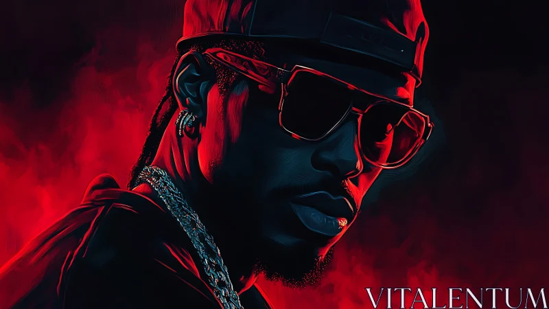Portrait of rapper in red light with stylized shading.