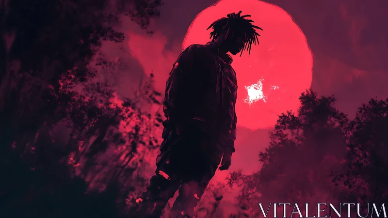 Silhouetted figure before oversized crimson moon in dense foliage