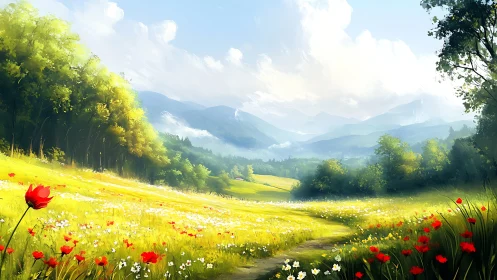 Sunlit alpine meadow with distant misty mountains panorama.