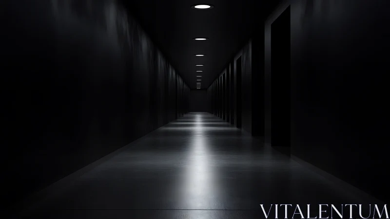 Long dark corridor with overhead lights and open doorways.