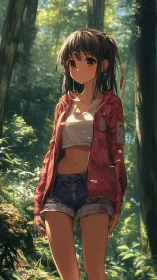 Anime-style girl stands in sunlit forest environment