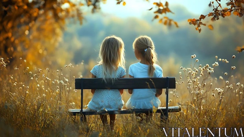 Two Young Sisters Seated on Bench in Golden Meadow.