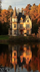 Lakeside gothic manor mirrored in autumn dusk light.