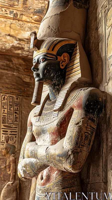 Polychrome sandstone pharaonic statue with nemes headdress