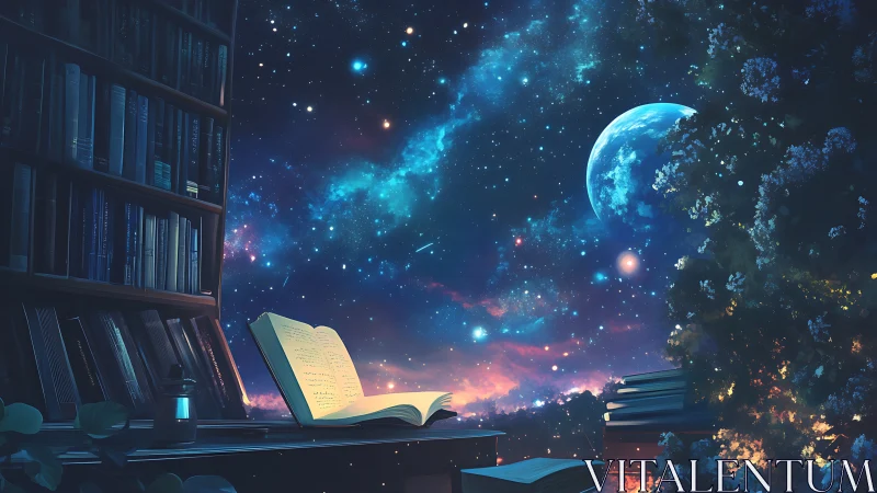 Digital painting of cosmic library vista with luminous night sky.