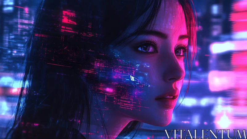 Neon-encoded cybernetic portrait with luminous data overlays.