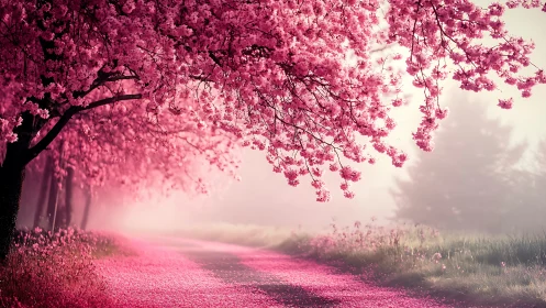 Photorealistic cherry blossom lane with atmospheric depth.
