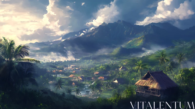 Tropical valley village rendered in atmospheric digital realism