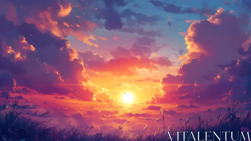 Radiant sunset sky ignites clouds above tranquil meadow horizon