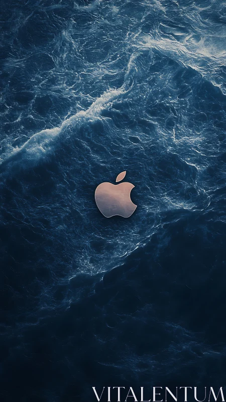 Metallic apple logo is rendered over dark turbulent water