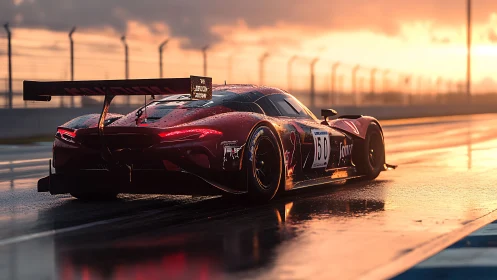 Sunlit race car resting on a rain-soaked track at dusk.