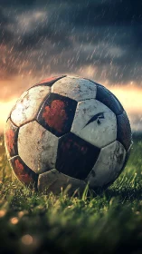 Rain-soaked vintage football resting in stormlit grass.