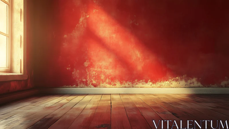 Sunlit patina on red plaster wall and worn timber floor plane.