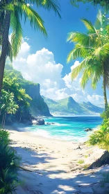 Tropical Paradise Beach Framed by Lush Palm Trees
