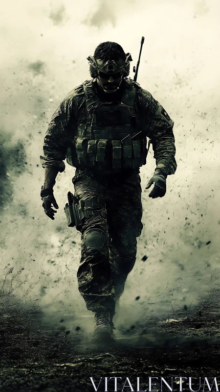 Tactical soldier advances through explosive battlefield haze