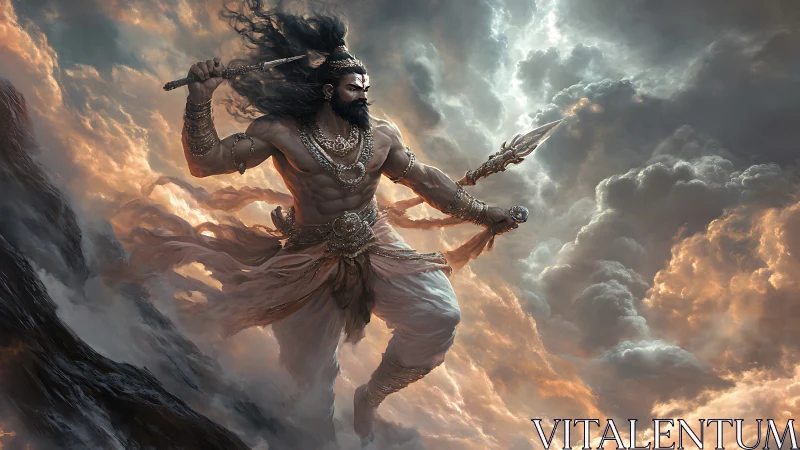 Mythic warrior strides through stormlit heavens in fury