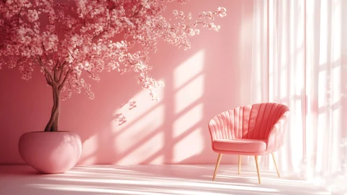 Monochrome pink lounge with scallop chair and potted blossom tree